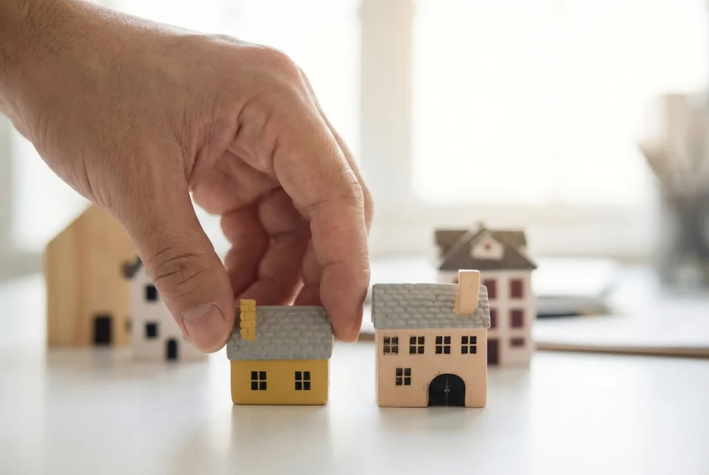 Hand adjusting miniature houses on a table, symbolising property transactions related to bridging finance and short-term loans.