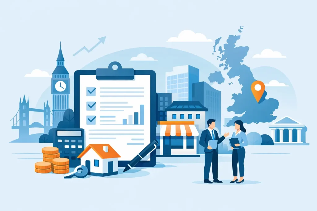 Illustration of a commercial mortgage application process in the UK, featuring a checklist, property symbol, calculator, and business professionals discussing finance against a backdrop of iconic UK landmarks.