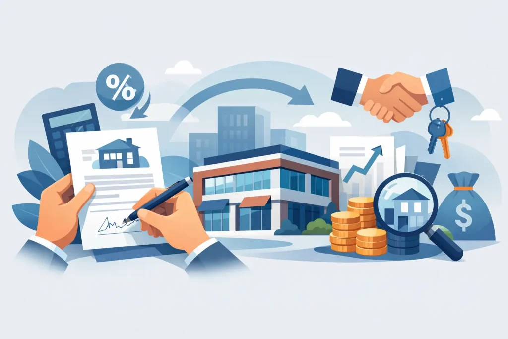 Illustration of refinancing business premises, featuring a person signing a mortgage document, a handshake symbolising agreement, property icons, financial charts, and stacks of coins, emphasising the refinancing process and its benefits for businesses.