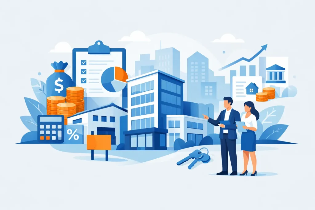 Commercial property finance illustration with buildings, money, and a business discussion.